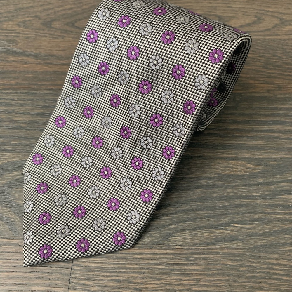 100% Silk Tie Black, Silver and Purple Floral Print